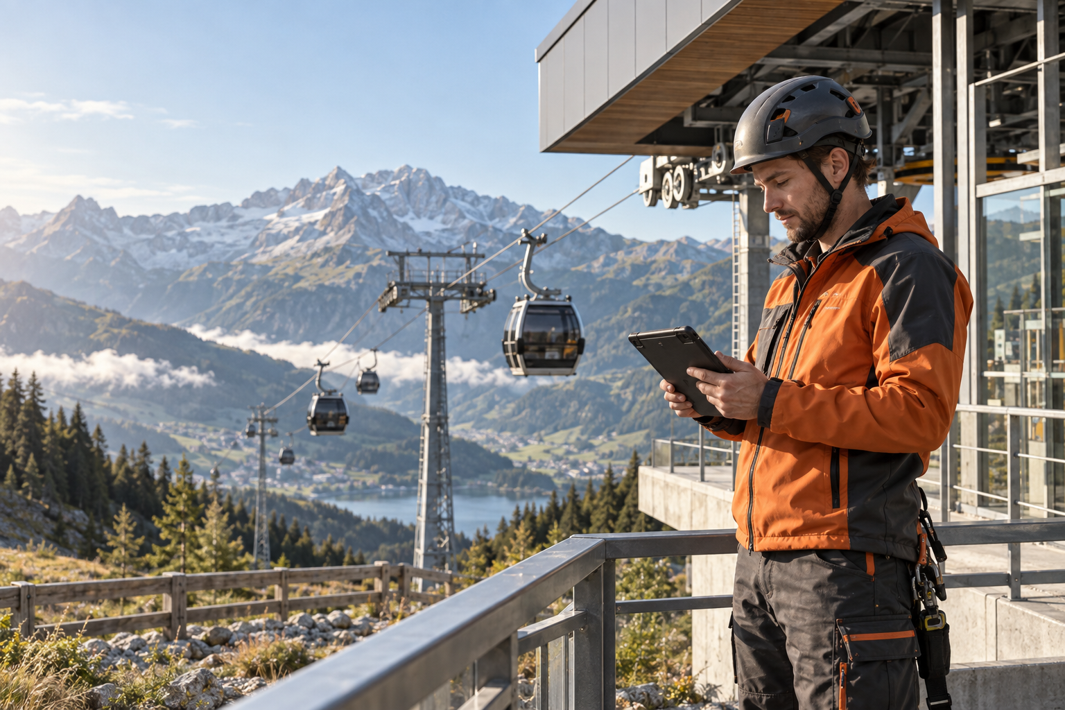 Illustratives Werbemotiv: Wartungsmitarbeiter mit Tablet an einer Bergstation
